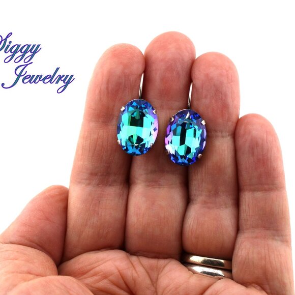 Sphinx Green Blue 18x13mm Oval Drop Crystal Earrings, Large Statement Lever Back - Picture 6 of 7